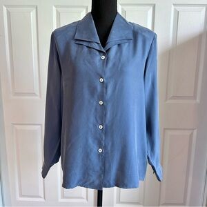 Dress Barn Gray Blue Silk Double Collar Button Down Blouse